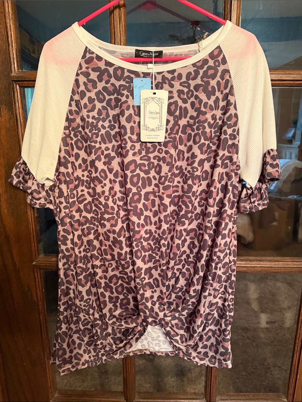 Coeur de Vague Leopard Print Ruffle Sleeve Twist Front Top 2XL NEW Boho Mobwife